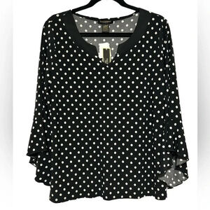 Susan Lawerence Women’s Black/White Polka Dots Flutter Sleeve V-neck Blouse Sz L